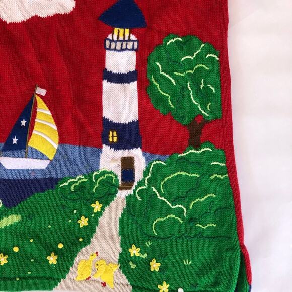 Quacker Factory Lighthouse Red Knit Sweater Sailboat Short Sleeve Women Medium - Picture 8 of 16